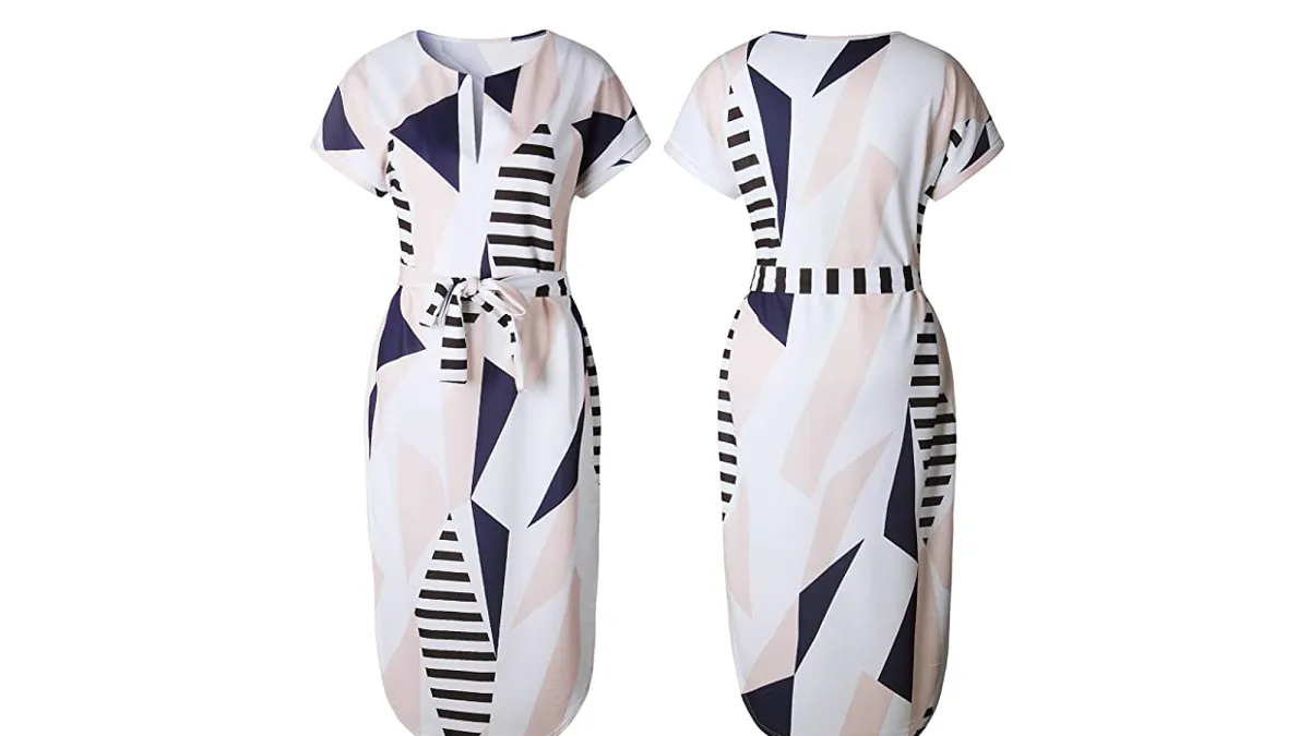 ECOWISH Women's Summer Casual V-Neck Geometric Pattern Belted Dress