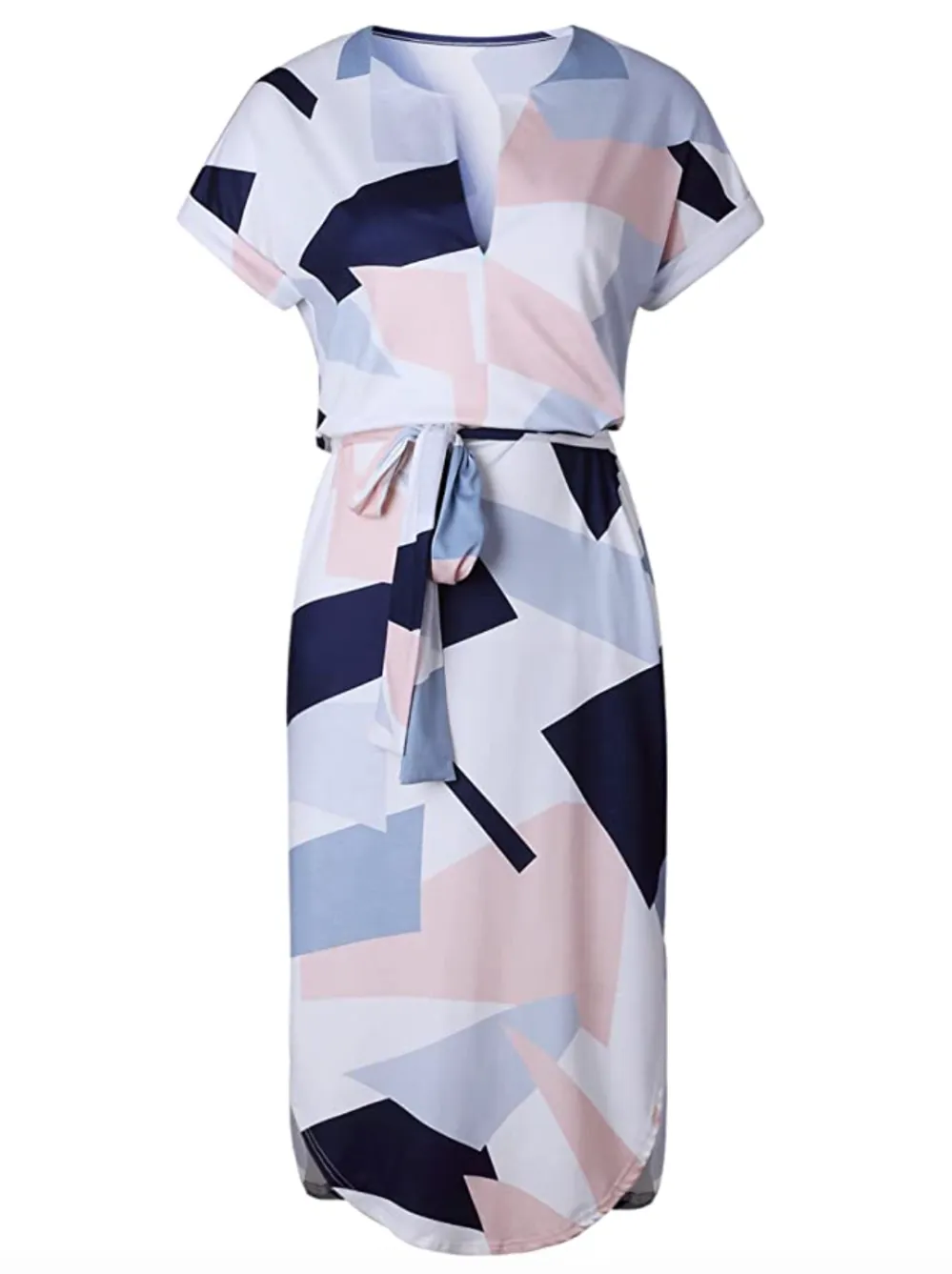 ECOWISH Women's Summer Casual V-Neck Geometric Pattern Belted Dress