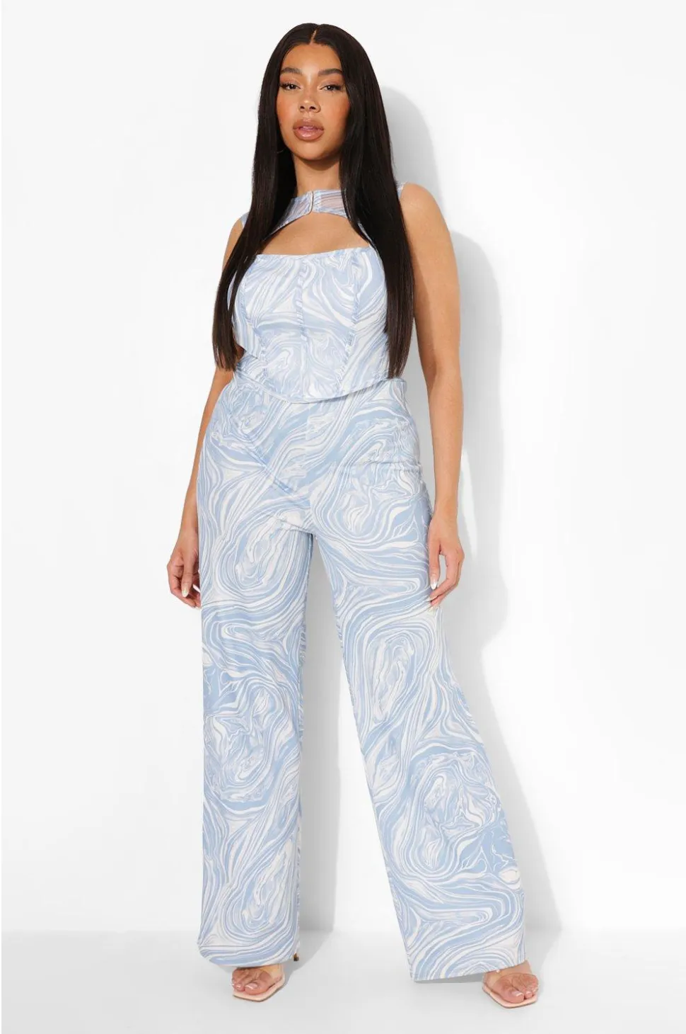 Plus Marble Print Crepe Wide Leg Trousers
