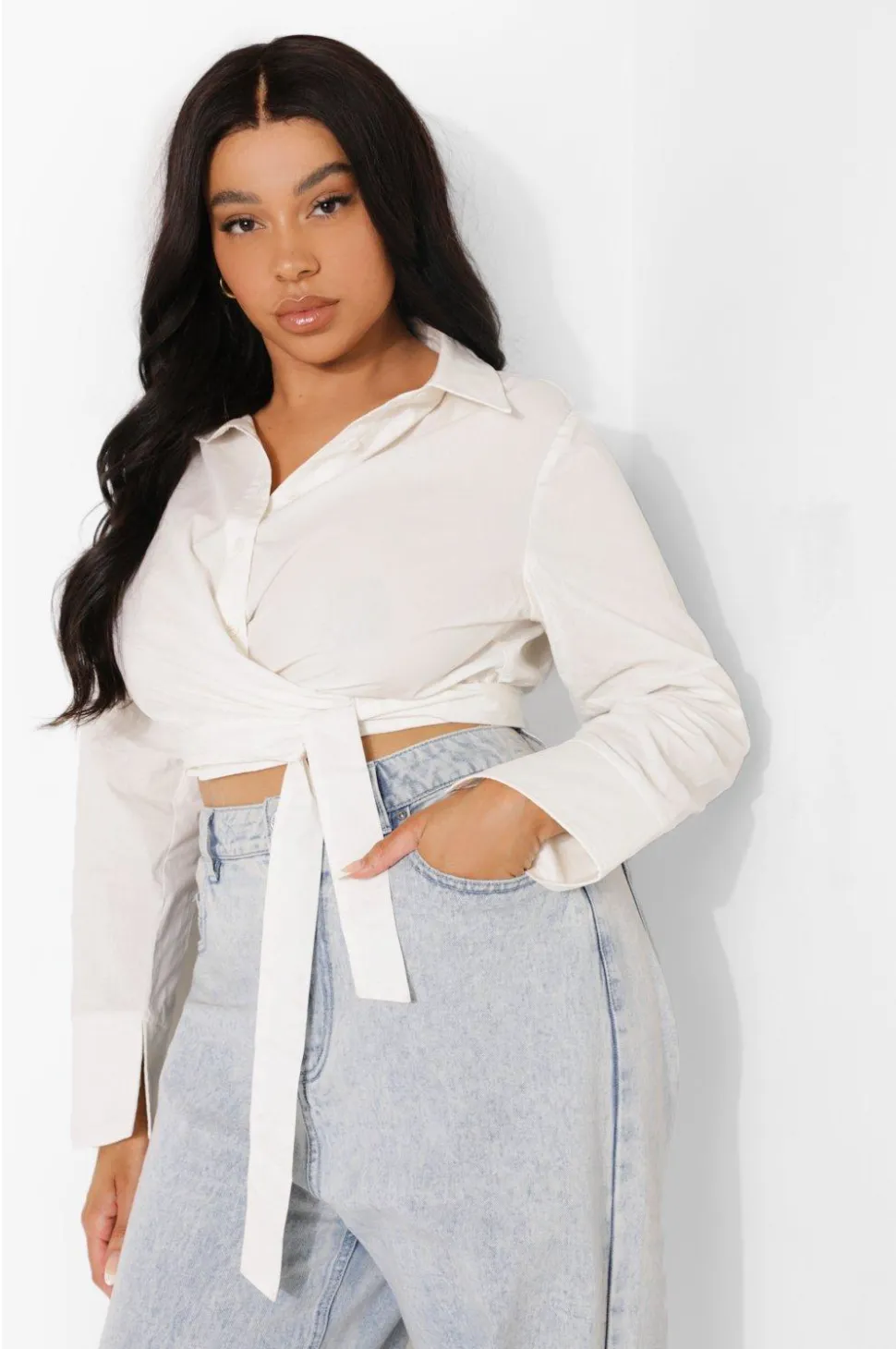 Plus Satin Belt Crop Shirt