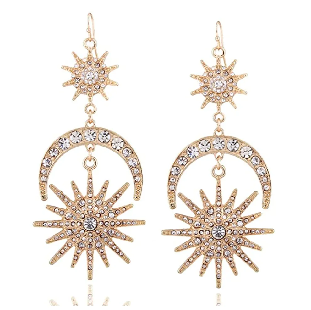 QIAN0813 Exaggerated Luxury Sun Moon Stars Drop Earrings