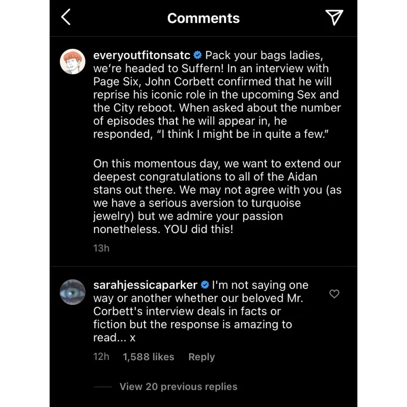 Sarah Jessica Parker Has a Cryptic Response After John Corbett Confirms Return for the Sex and the City 3