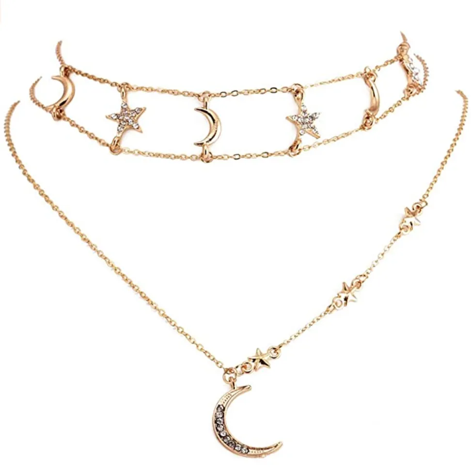 Boaccy Boho Layered Crystal Star and Moon Choker Necklace