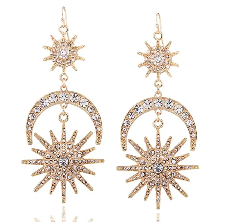 QIAN0813 Exaggerated Luxury Sun Moon Stars Drop Earrings