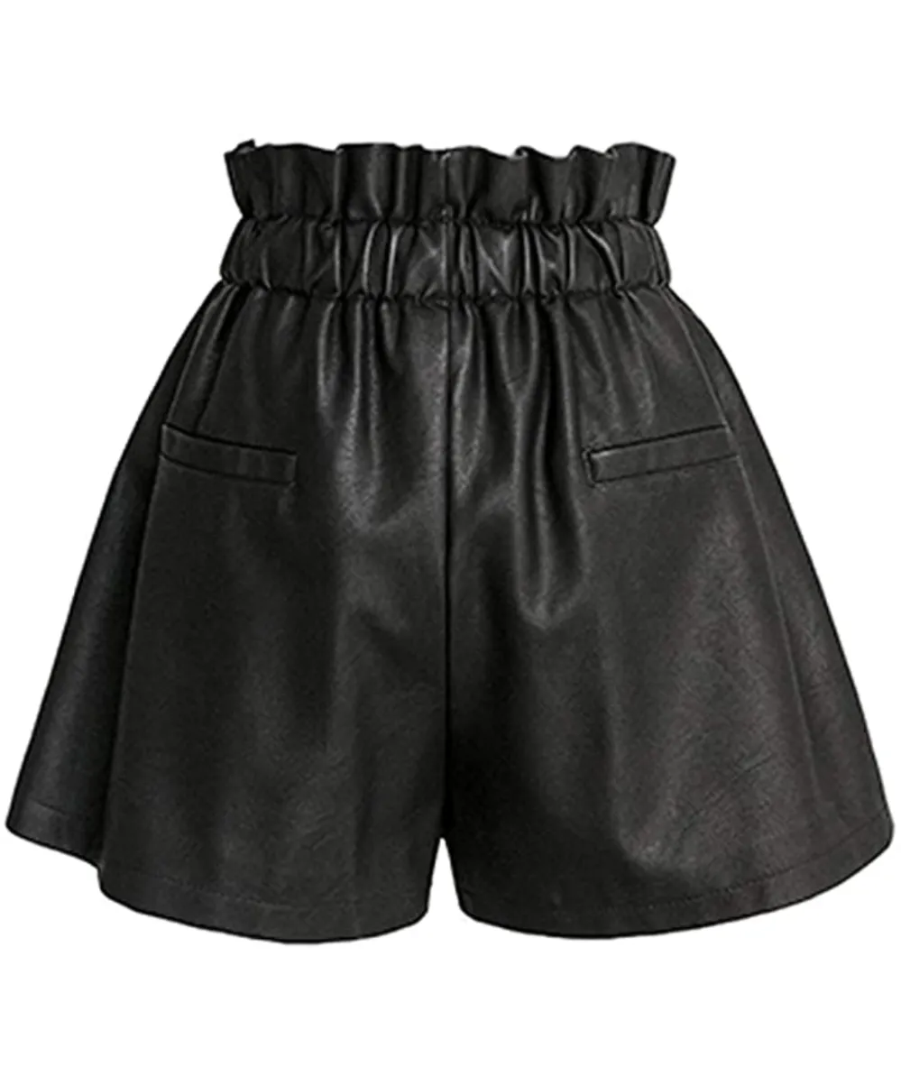 SCHHJZPJ High Waisted Wide Leg Black Faux Leather Shorts for Women