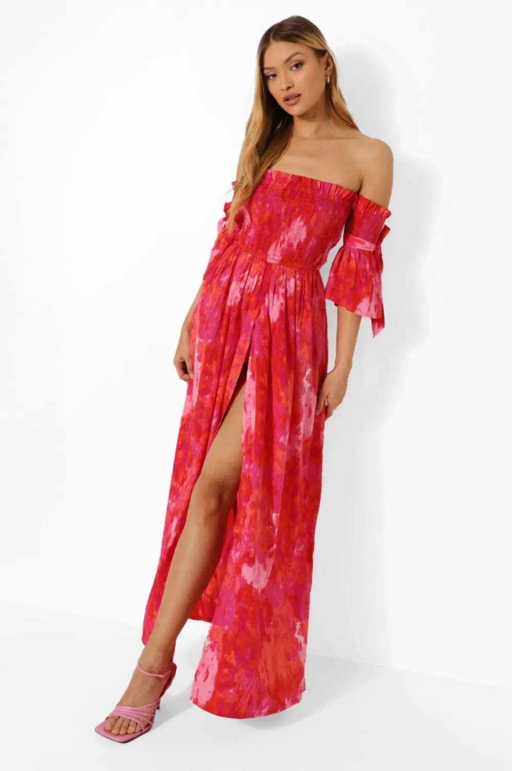 Tie Dye Bardot Tie Sleeve Shirred Maxi Dress
