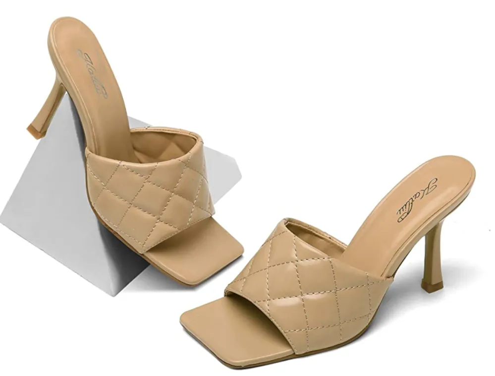 katliu Women's Square Open Toe Stiletto Heeled Mule Quilted High Heel Sandals