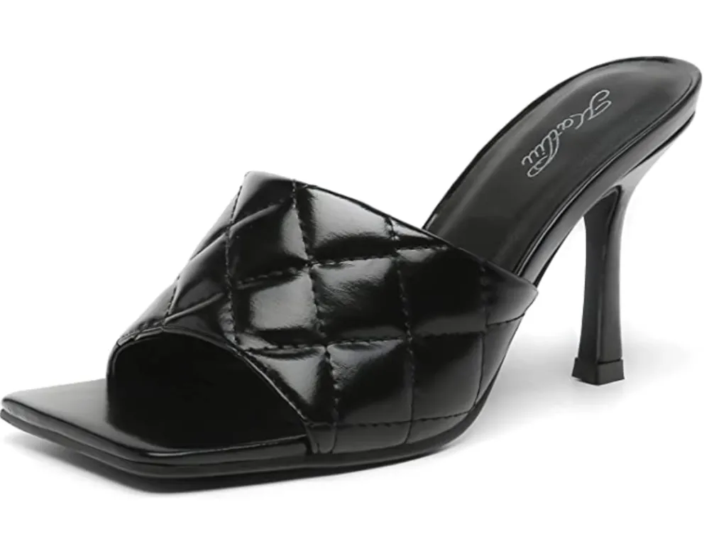 katliu Women's Square Open Toe Stiletto Heeled Mule Quilted High Heel Sandals