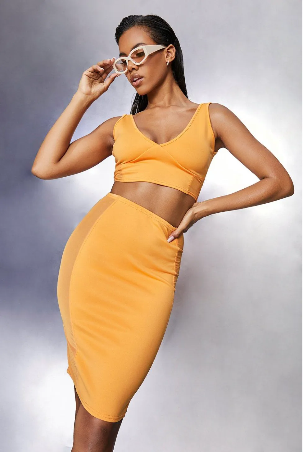 Mesh Panel Cup Detail Midi Skirt Two-Piece