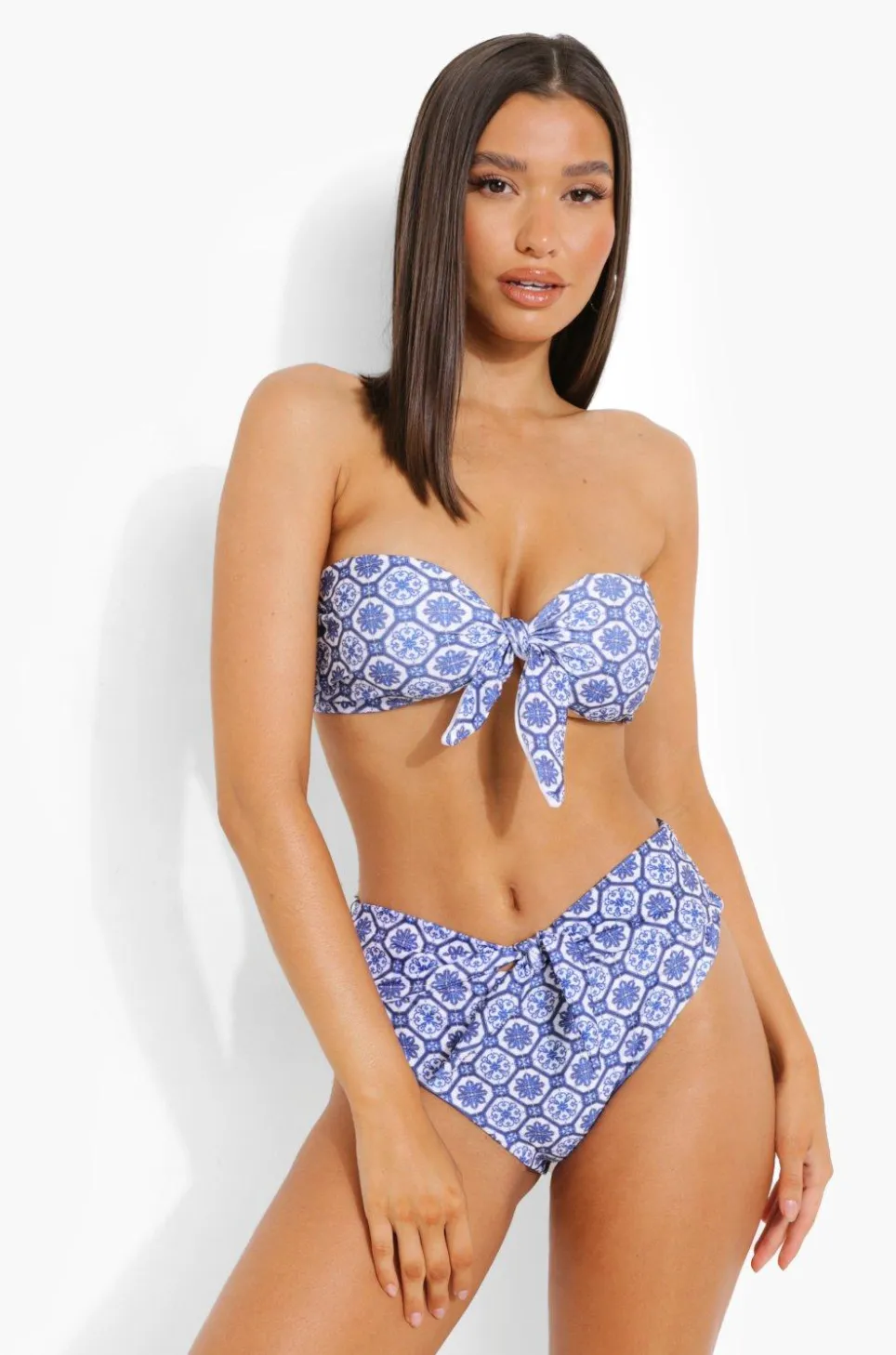 Tile Print Tie Front Bikini Set