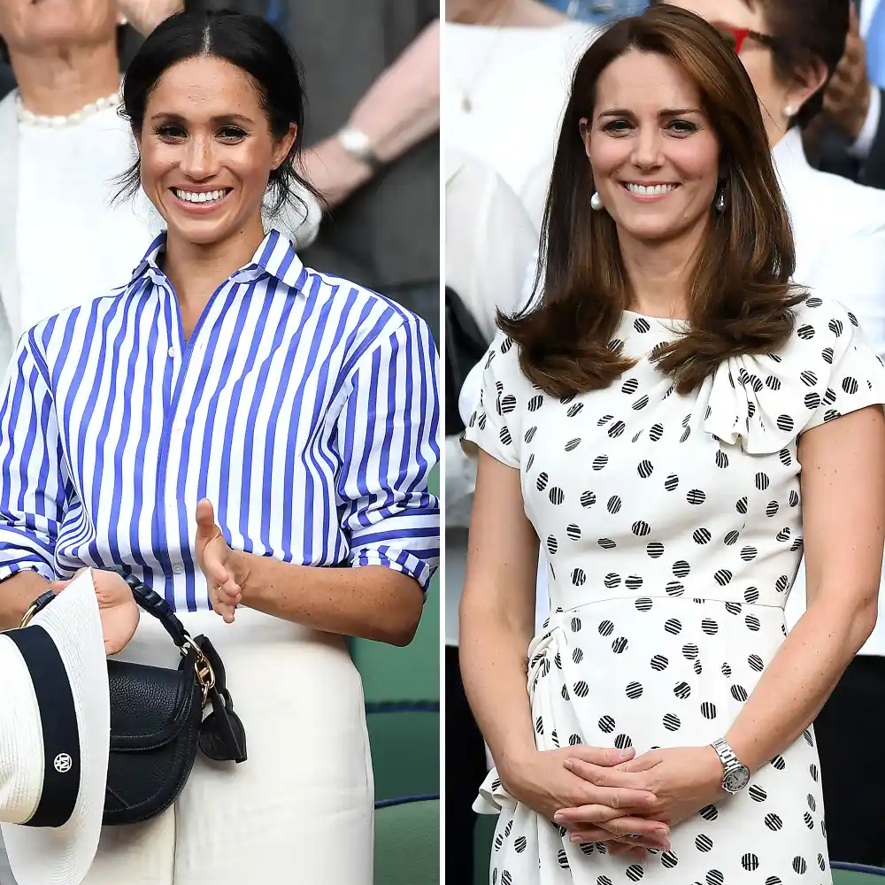 Meghan Markle and Duchess Kate Are &lsquo;Closer Than Ever,' Working on Friendship striped shirt, white hat, white dress