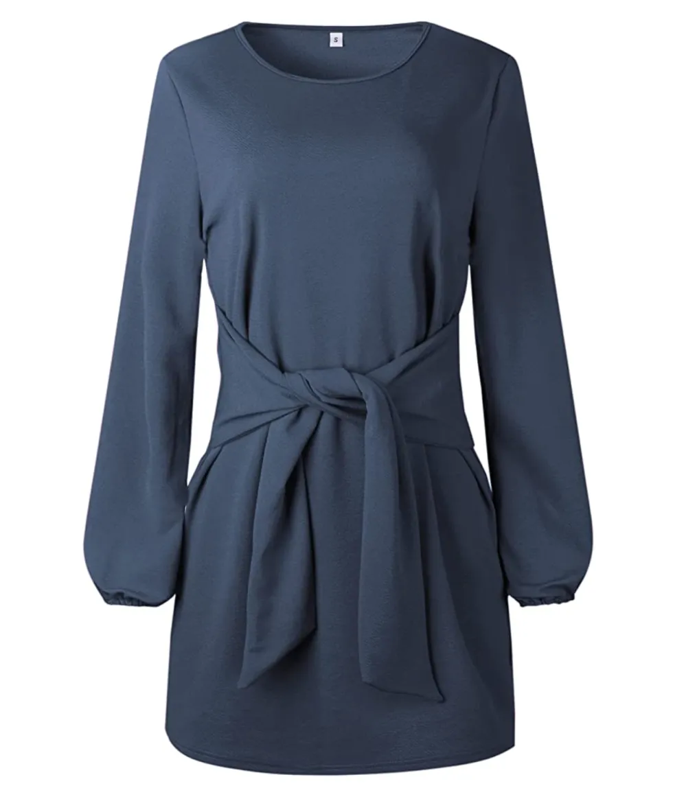 PRETTYGARDEN Women&rsquo;s Elegant Long Lantern Sleeve Crewneck Tie Waist Dress