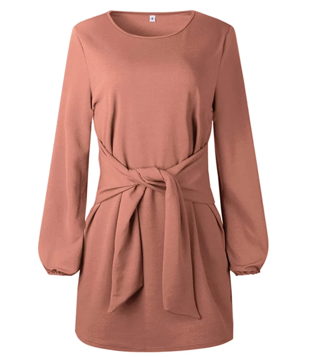 PRETTYGARDEN Women&rsquo;s Elegant Long Lantern Sleeve Crewneck Tie Waist Dress