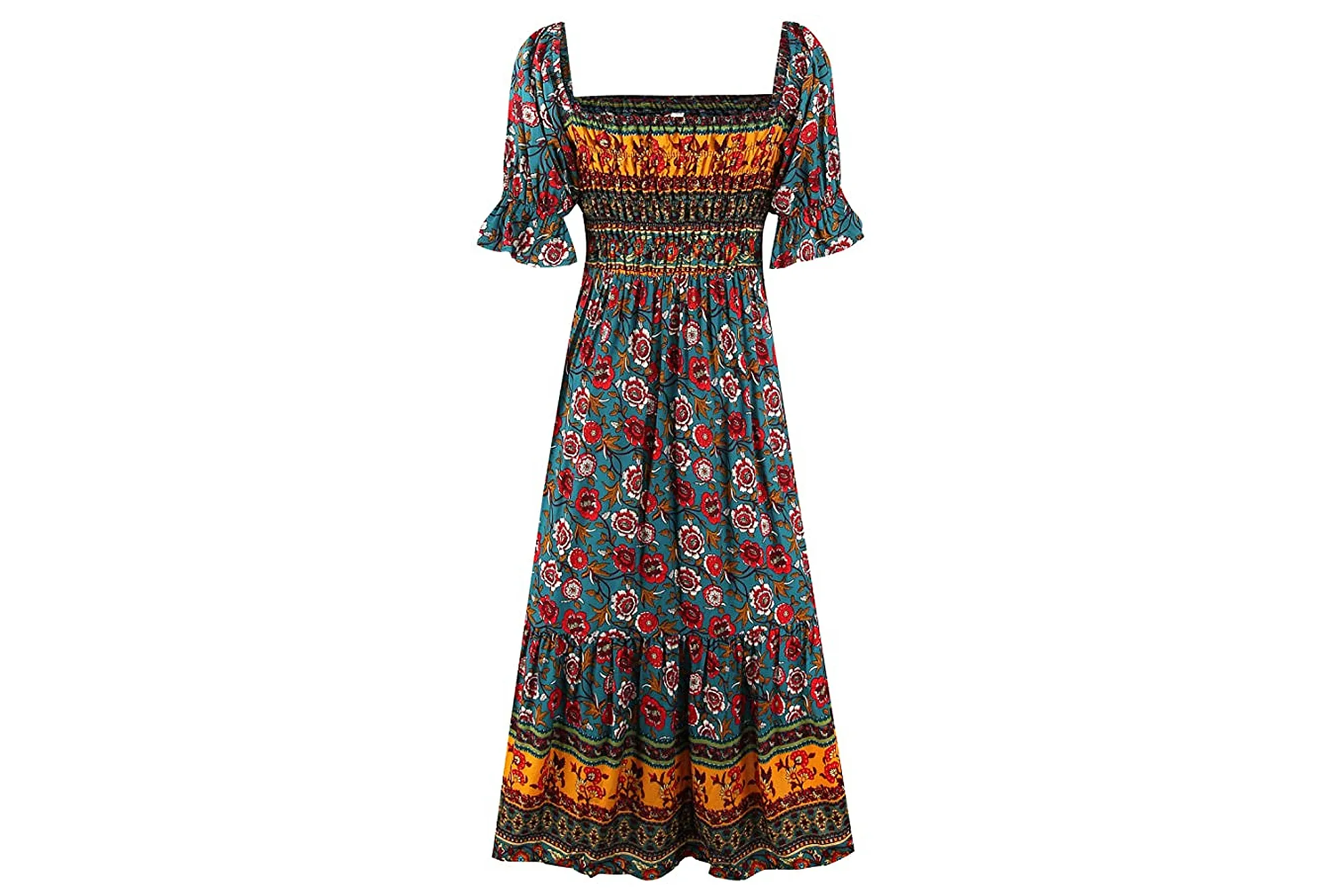 UIMLK Women's Summer Bohemian Square Neck Floral Print Ruffle Midi Dress