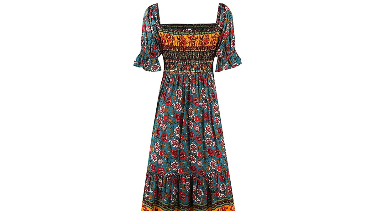 UIMLK Women's Summer Bohemian Square Neck Floral Print Ruffle Midi Dress