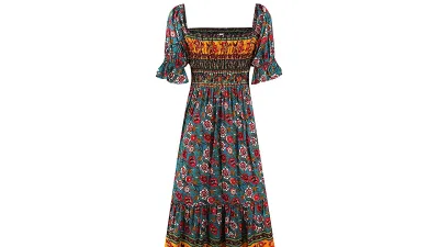 UIMLK Women's Summer Bohemian Square Neck Floral Print Ruffle Midi Dress
