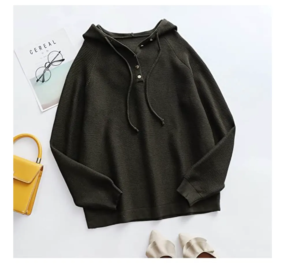 Angashion Women's Pullover Button Up V Neck Knit Hooded Henley Sweater