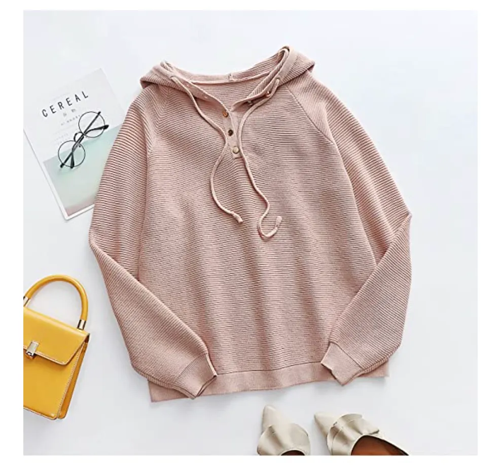 Angashion Women's Pullover Button Up V Neck Knit Hooded Henley Sweater