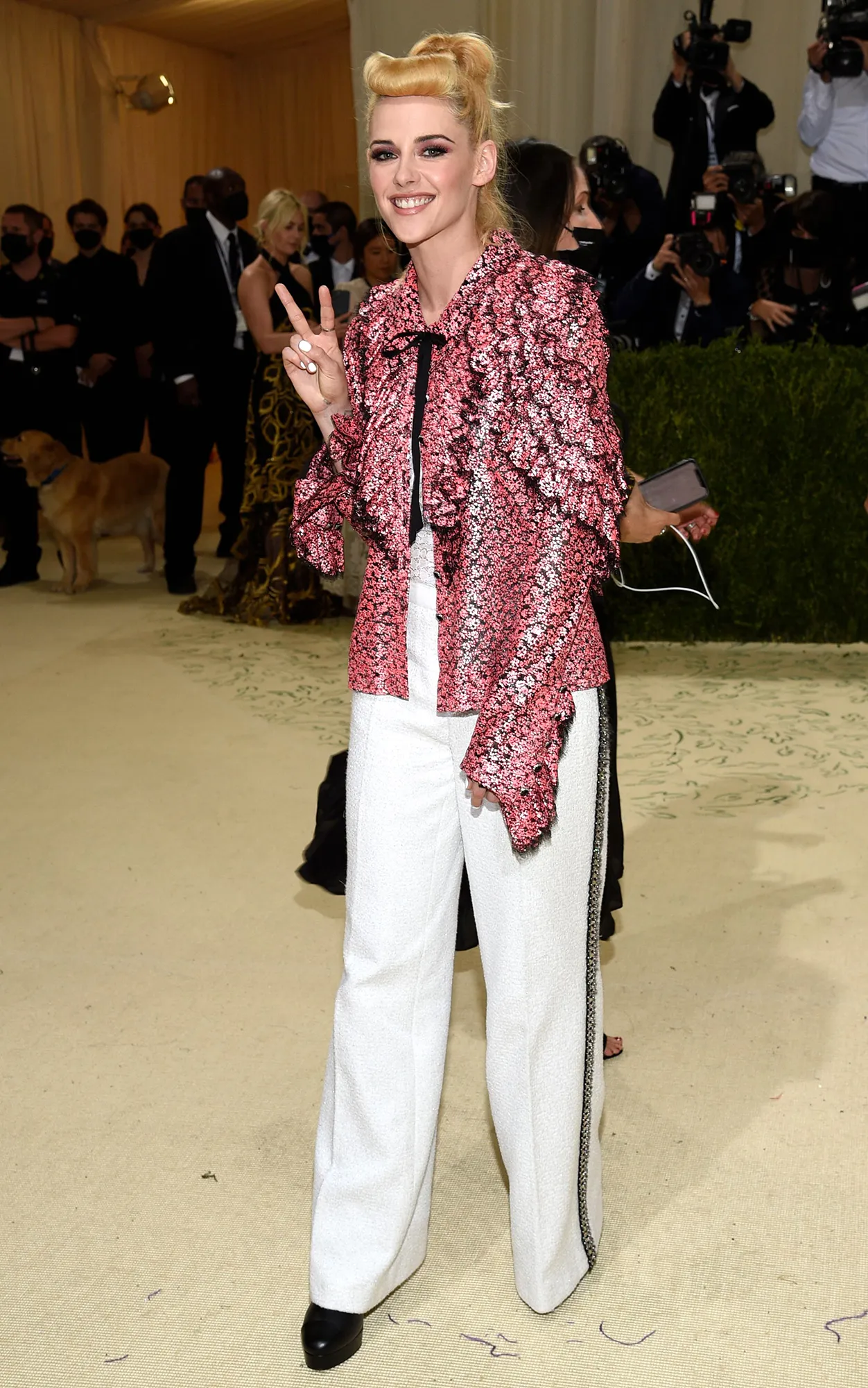 Pink! Peace Signs! Kristen Stewart Serves Up All the Retro Vibes at the 2021 Met Gala