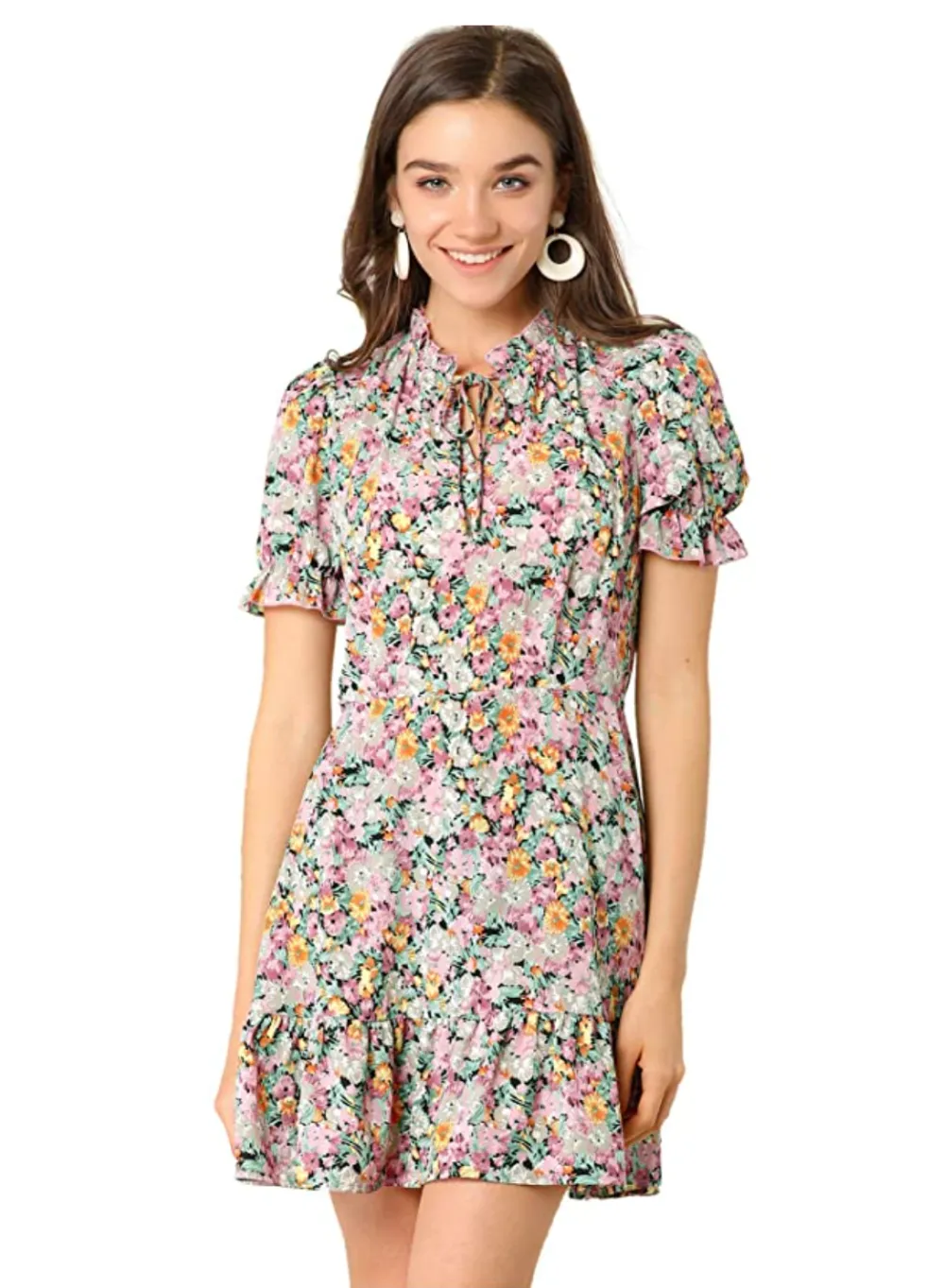Allegra K Women's Chiffon Floral Puff Short Sleeve Dress