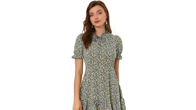 Allegra K Women's Chiffon Floral Puff Short Sleeve Dress