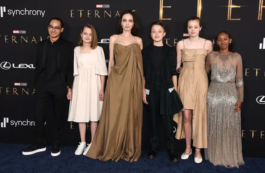 Angelina Jolie Brings Her 5 Youngest Kids Eternals Premiere Coordinating Looks