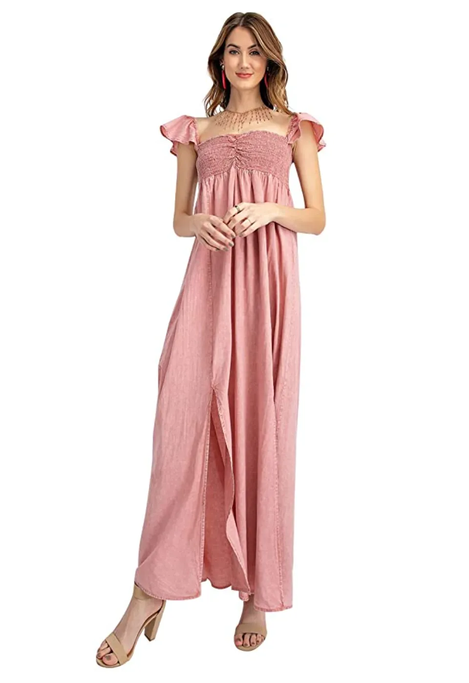 Anna-Kaci Ruffled Cap Sleeve Smocked Ruche Bodice Front Slit Maxi Long Beach Vacation Dress