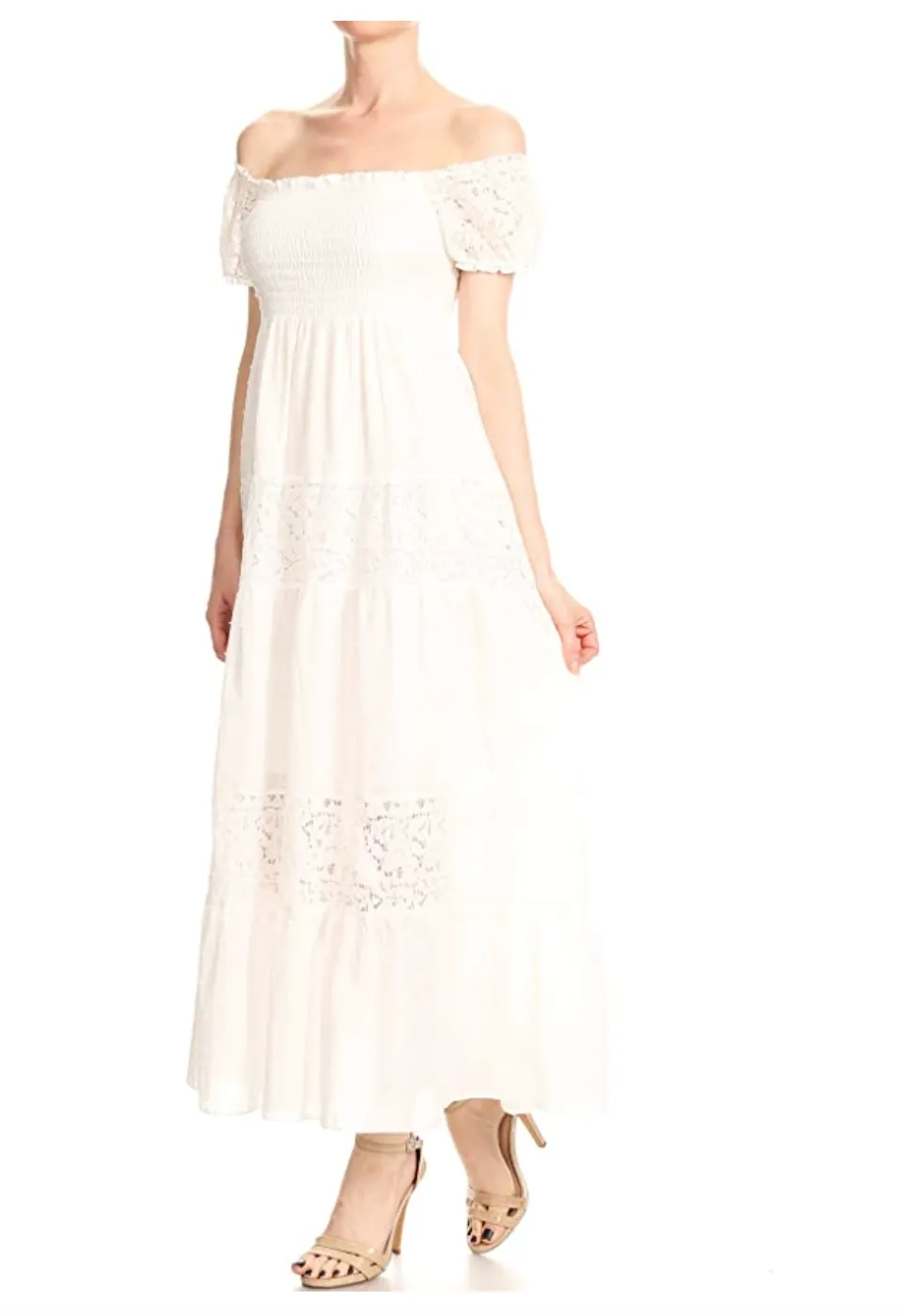 Anna-Kaci Womens Off Shoulder Boho Lace Semi Sheer Smocked Maxi Long Dress