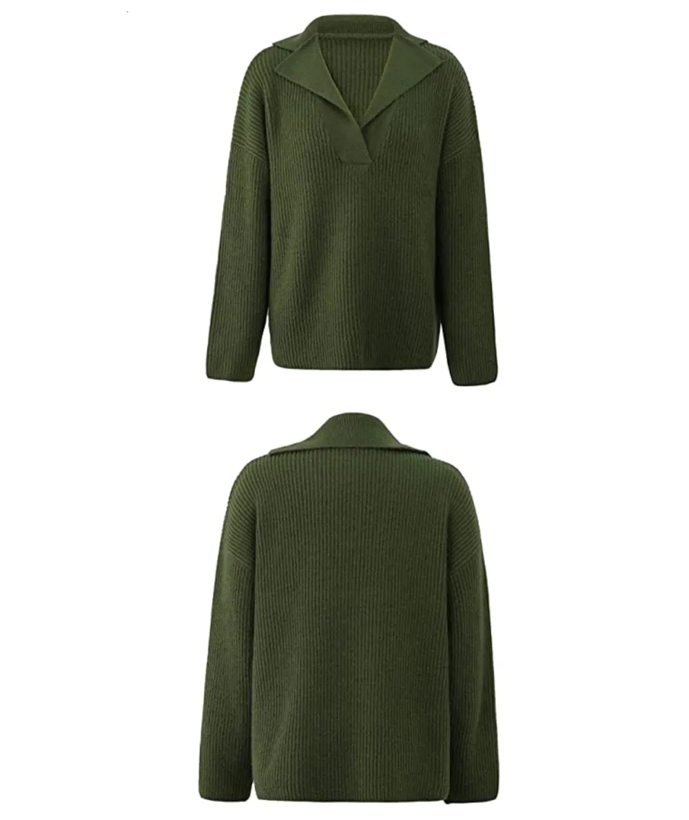 ECOWISH Women's Knit V Neck Pullover Long Sleeve Sweater