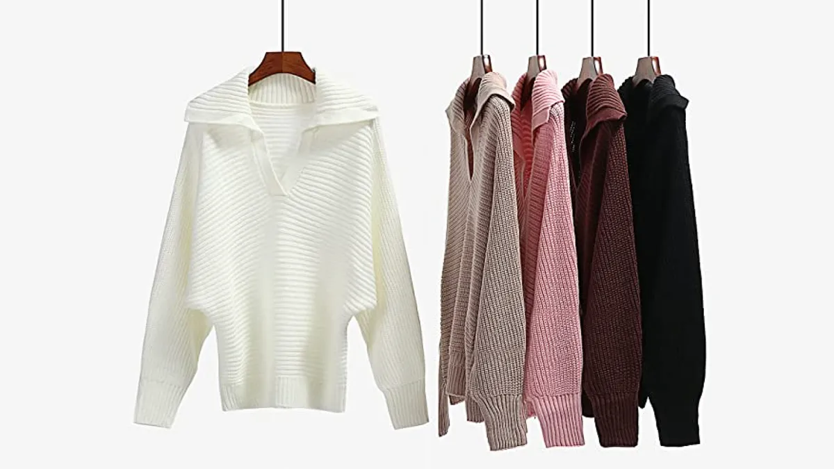 ECOWISH Women's Knit V Neck Pullover Long Sleeve Sweater