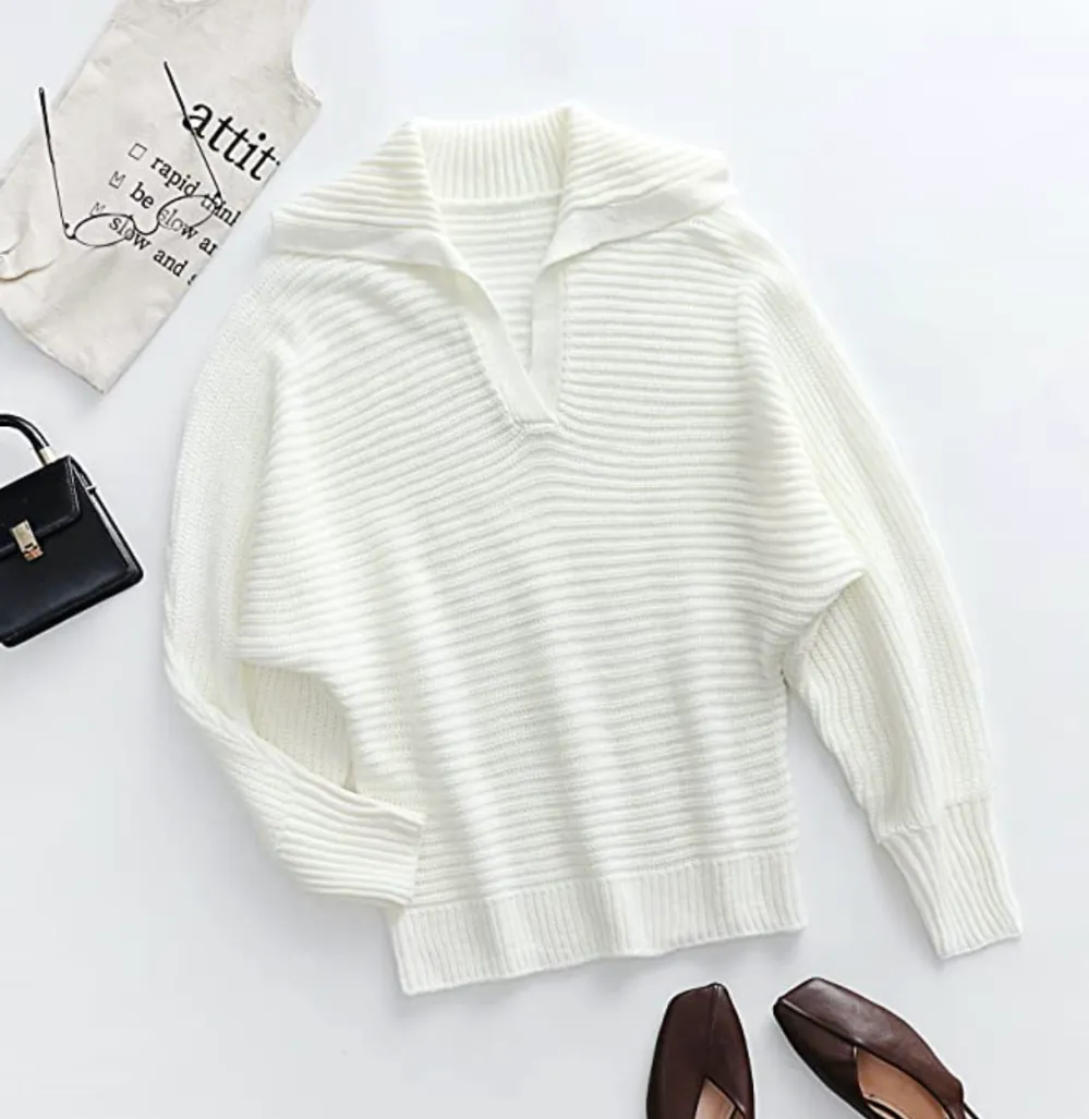 ECOWISH Women's Knit V Neck Pullover Long Sleeve Sweater