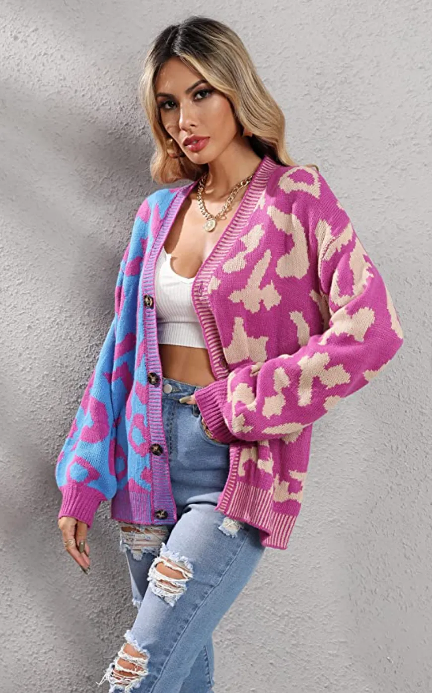 ECOWISH Women's Long Sleeve Button Down Color Block Print Cardigan