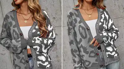 ECOWISH Women's Long Sleeve Button Down Color Block Print Cardigan