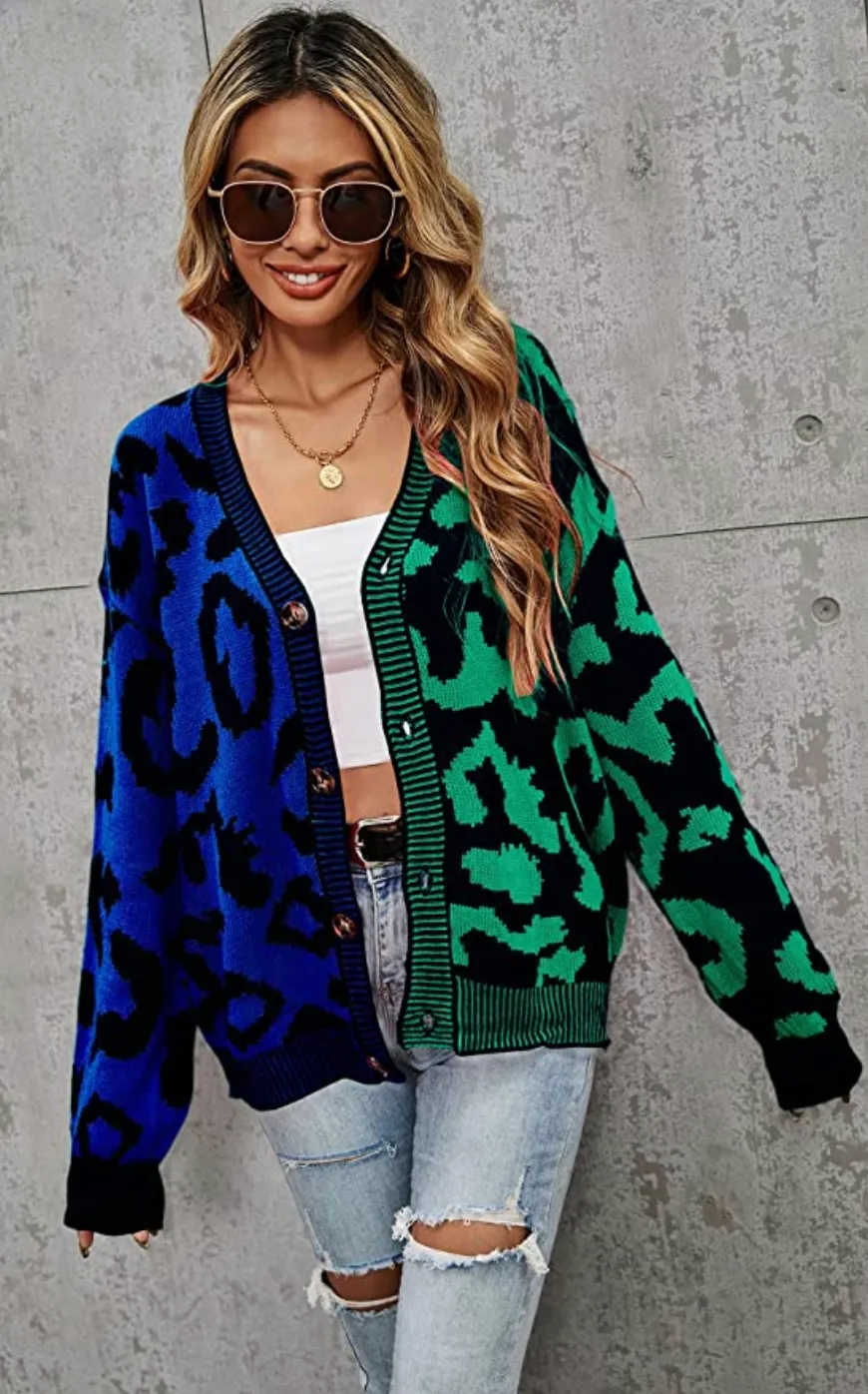 ECOWISH Women's Long Sleeve Button Down Color Block Print Cardigan