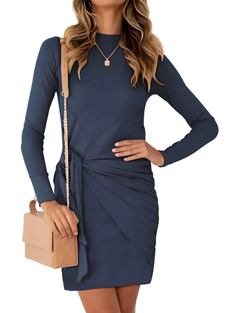 MEROKEETY Women's Long Sleeve Tie Waist Mini Dress