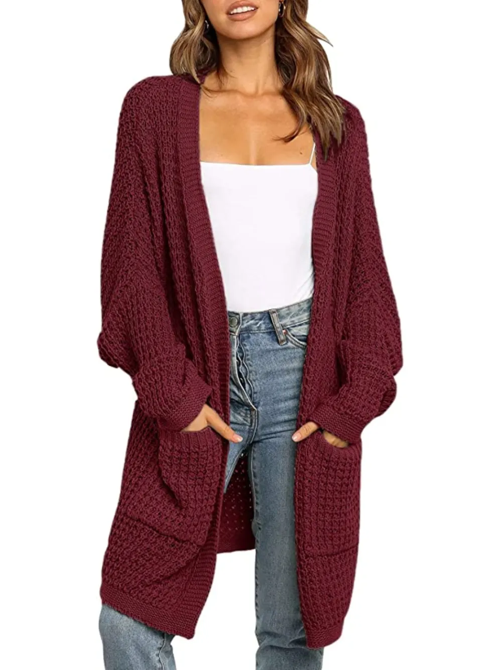 MEROKEETY Women's Oversized Batwing Sleeve Waffle Knit Sweater