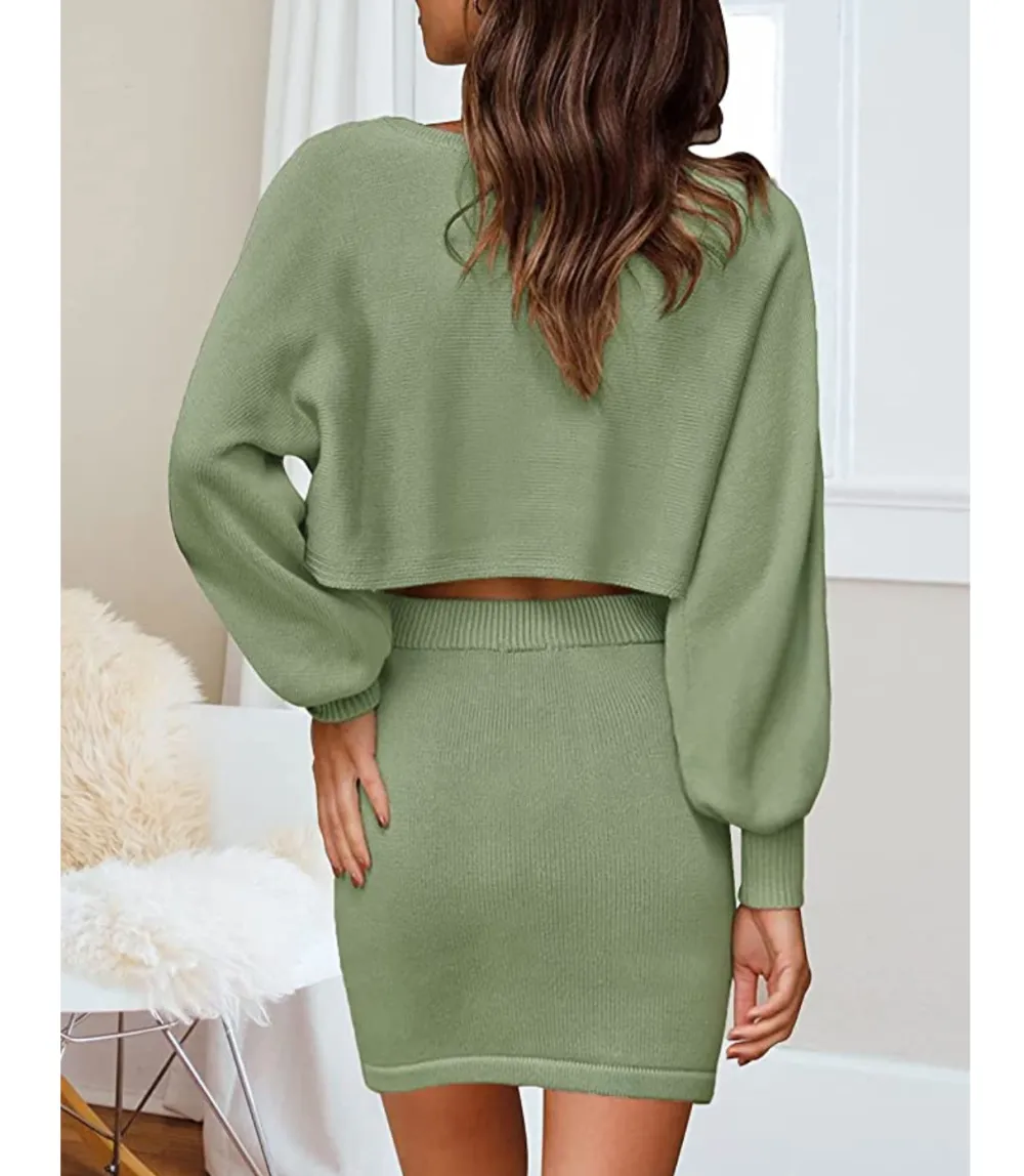 MEROKEETY Women's Puff Sleeve 2 Piece Knit Outfit