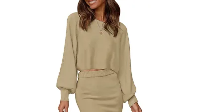 MEROKEETY Women's Puff Sleeve 2 Piece Knit Outfit
