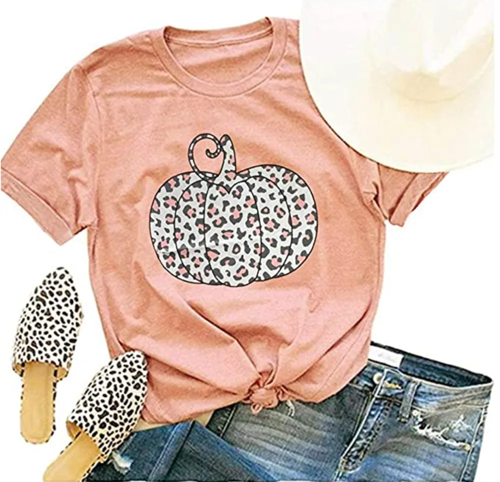 Woffccrd Womens Funny Leopard Pumpkin Printed Shirt