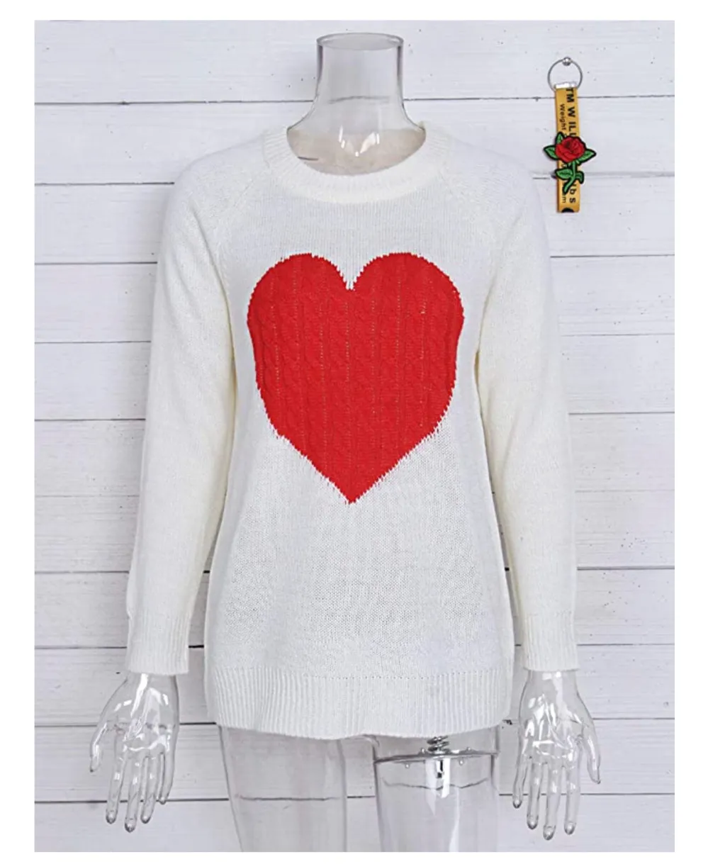 shermie Women's Pullover Long Sleeve Crewneck Heart Knit Sweater