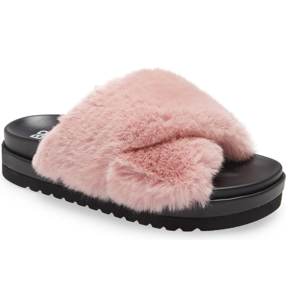 BP. Zoe Cross Band Faux Fur Slide Sandal