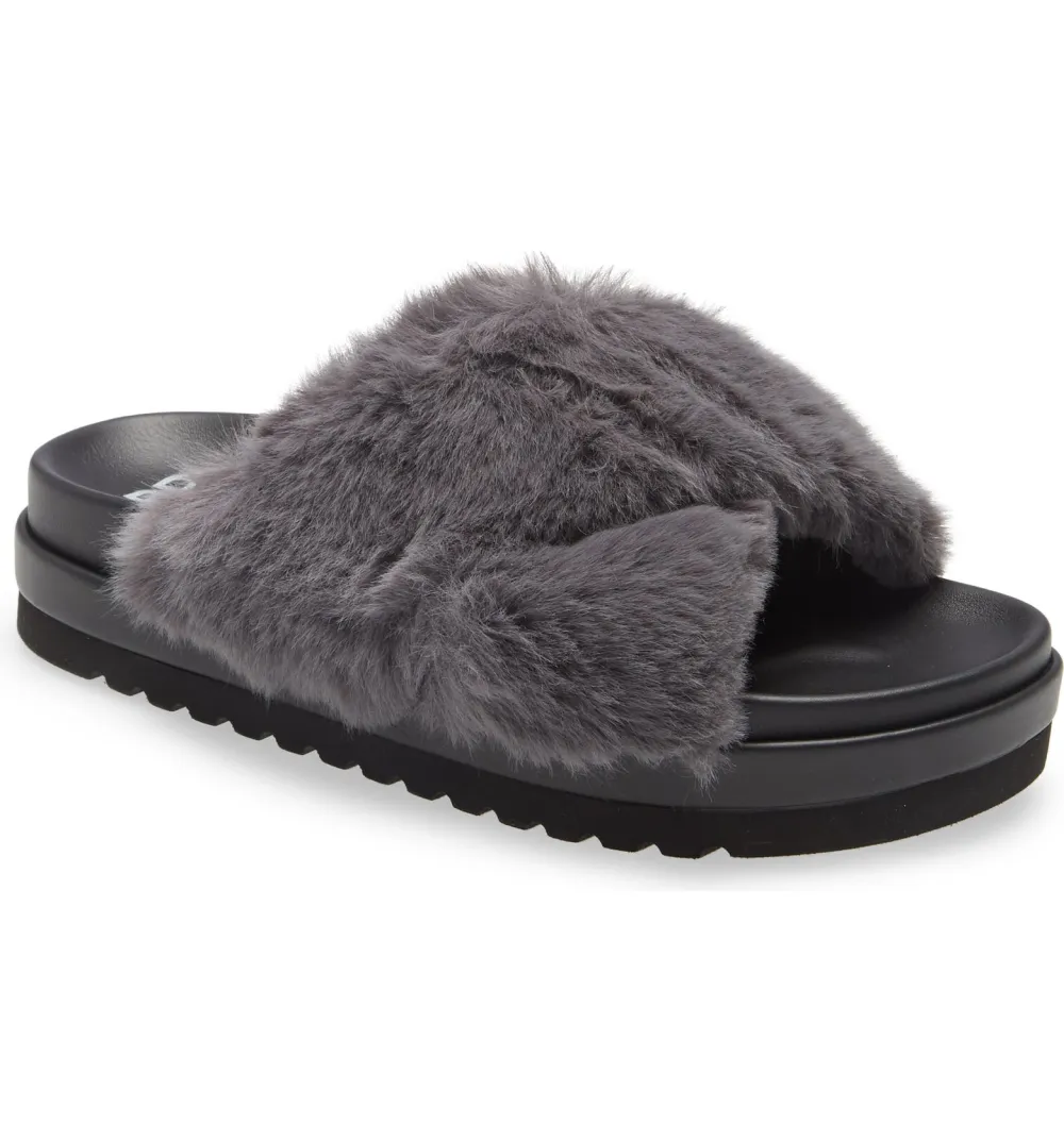 BP. Zoe Cross Band Faux Fur Slide Sandal