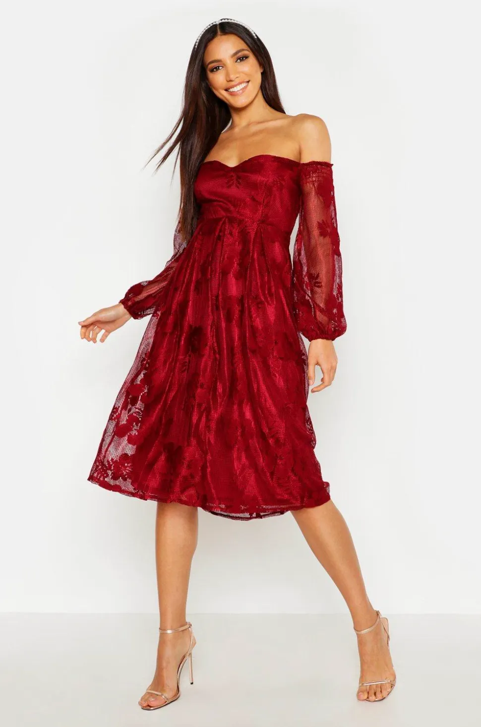 Boutique Lace Off The Shoulder Midi Bridesmaid Dress