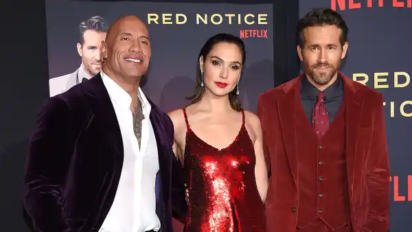 Color Coordinated Costars Gal Gadot Ryan Reynolds and Dwayne The Rock Johnson Match at Red Notice Premiere Feature