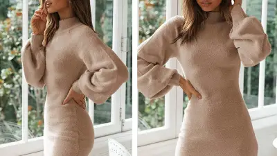 EXLURA Women's Mock Neck Ribbed Long Sleeve Bodycon Sweater Dress