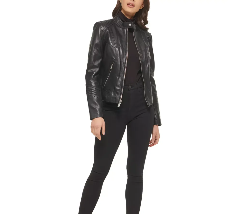 GUESS Women's Quilted-Shoulder Leather Coat