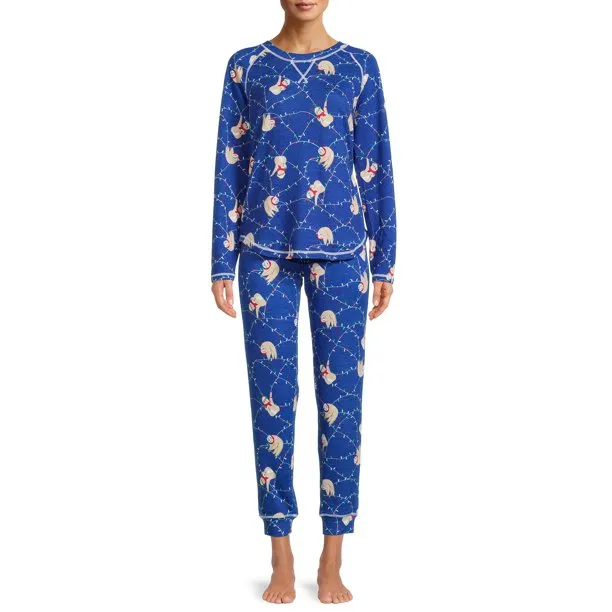 Muk Luks Women's and Women's Plus Long Sleeve Top and Pants Eye Mask, 2-Piece Pajama Set