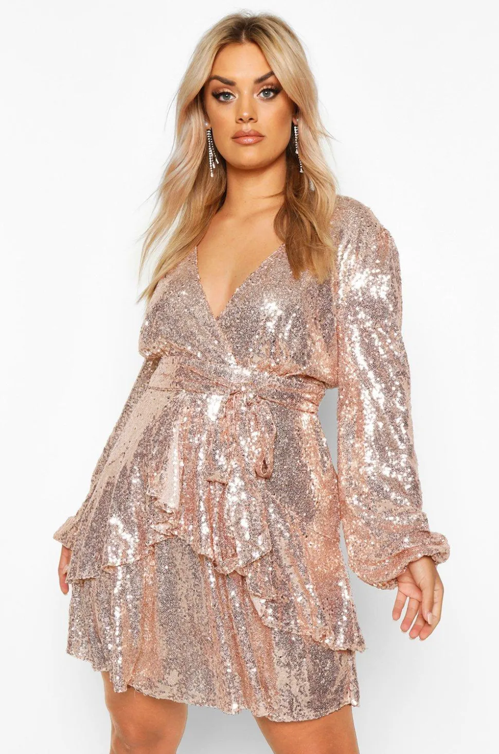 Plus Plunge Ruffle Hem Sequin Skater Dress