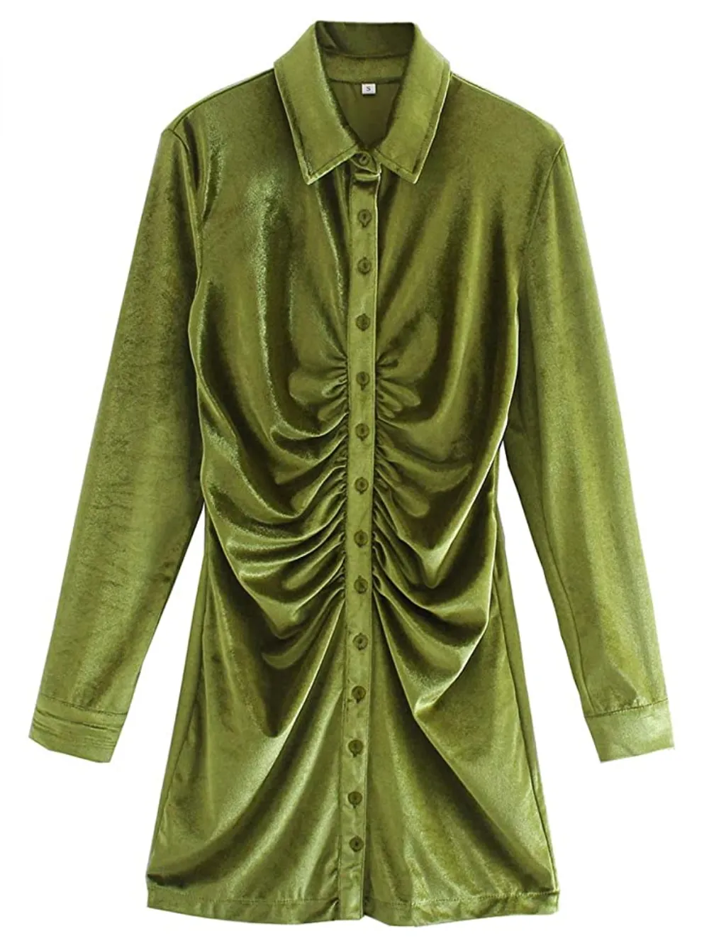 R.Vivimos Women's Long Sleeve Velvet Ruched Button Down Mini Dress