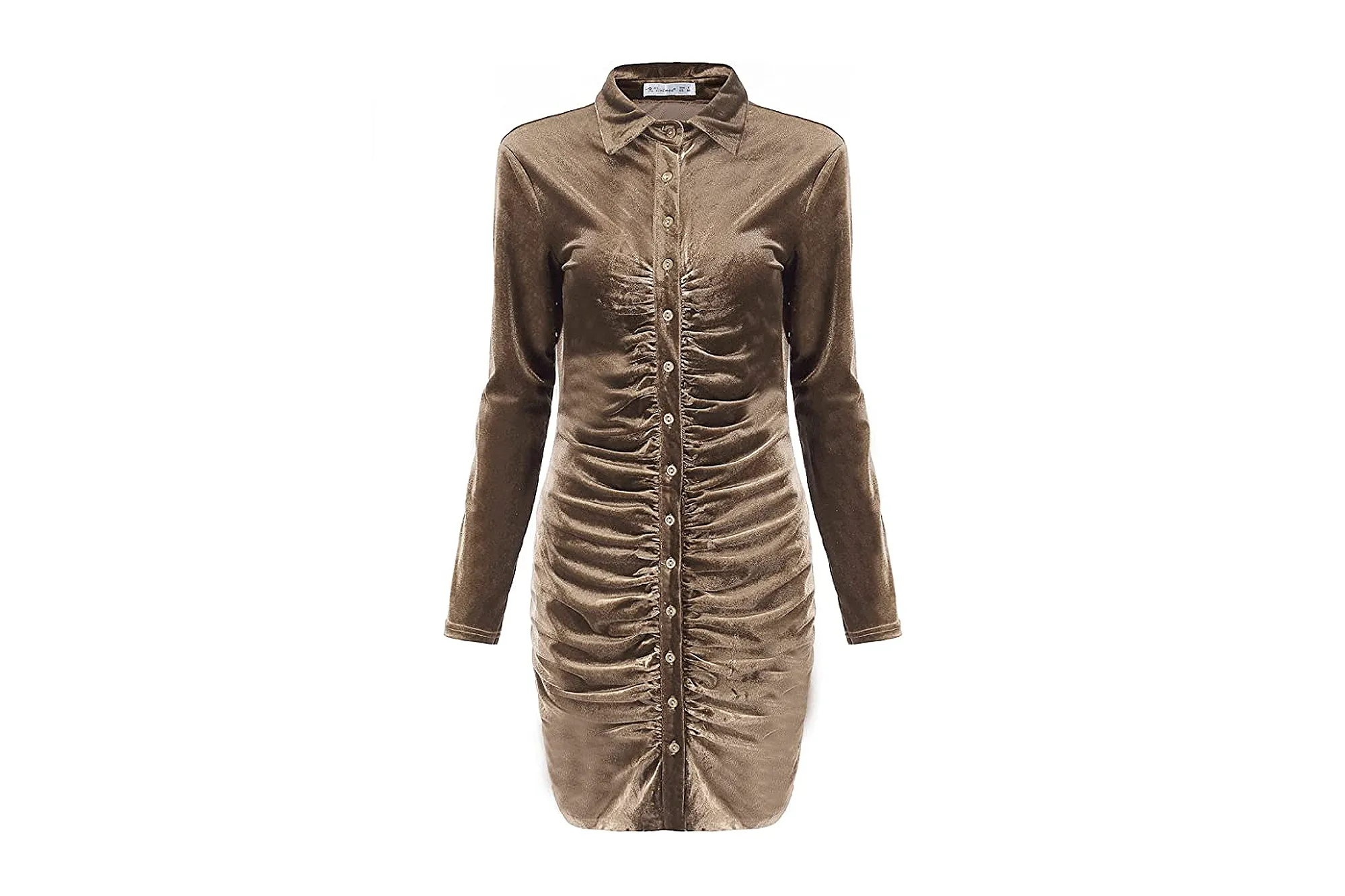 R.Vivimos Women's Long Sleeve Velvet Ruched Button Down Mini Dress